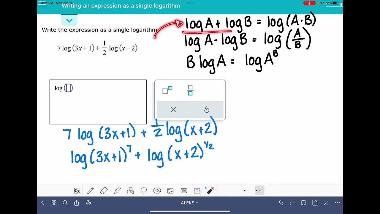 ALEKS: Writing an expression as a single logarithm