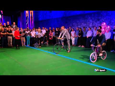 Mark Cavendish V Kelly Maloney V George Groves in Slow Bike Race Courtesy of BT SPort