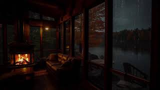 Rain and Fireplace Ambience in a Cozy Autumn Forest Cabin for Stress Relief