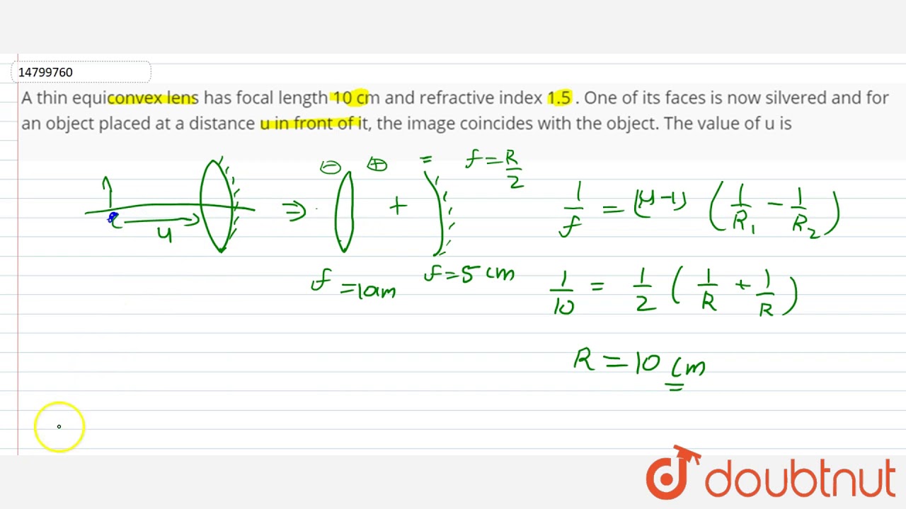 Watch video A thin equiconvex lens has focal length 10 cm and refractive index 1.5 . One of its faces is now Now A thin equiconvex lens has focal length 10 cm and refractive index 1.5 . One of its faces is now