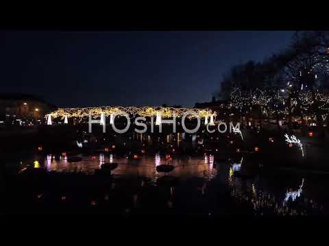 Night Drone Point Of View Of Christmas Flood Lightings In Laval, Mayenne, France