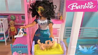 Barbie and Ken Story in Barbie Dream House w Barbie’s New Babysitter for Baby and Barbie Sister