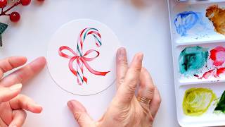 How to Paint Cute Christmas Card with Watercolor - Candy Cane Painting