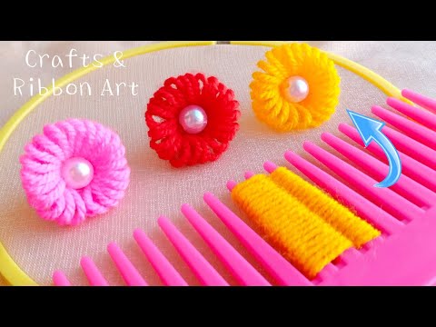 Easy Woolen Flower Making Ideas with Hair Comb - Hand Embroidery Amazing Trick - DIY Woolen Flowers