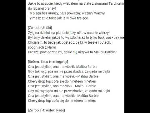 Taco Hemingway, Young Leosia, Otsochodzi,OKI, Dwa Sławy, Gruby Mielzky - Malibu Barbie TEKST KARAOKE