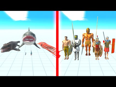 AQUATICS Team vs ANCIENT HUMANS Team - Animal Revolt Battle Simulator ARBS