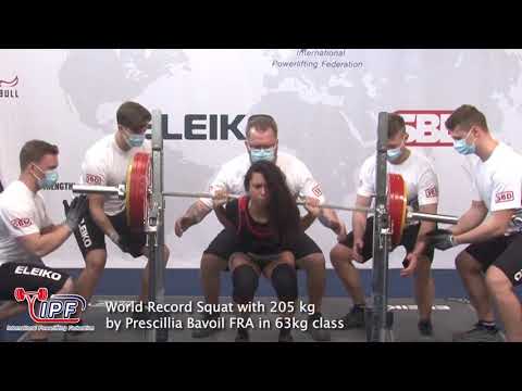 World Record Squat with 205 kg by Prescillia Bavoil FRA in 63kg class