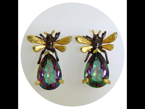 Cercei Stud Argint 925 Rodiu Negru Accente Aurite Cuart Mistic Insecte Stilizate