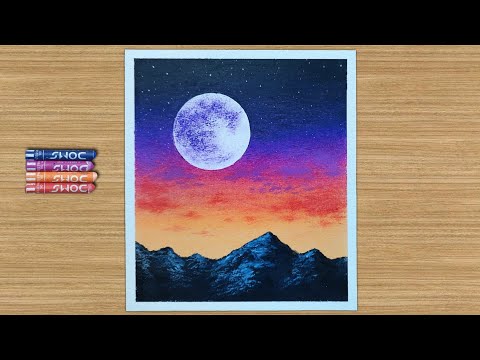 Moonlight Scenery | Full Moon Oil Pastel Drawing Step by Step