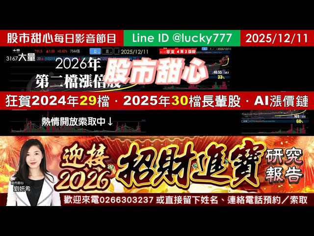 1211【甜心盤後影音】【招財進寶研究報告】狂賀大量榮登26年第二檔長輩股，24年29檔長輩股．25年30檔長輩股，AI漲價鏈輪流噴出！