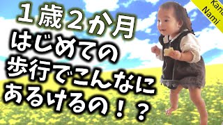 1歳２か月の赤ちゃんの初めての歩行。初めての歩行でこんなに歩けるのすごくない？【かなちゃん11歳✿なみちゃん8歳✿りょうくん4歳✿みきちゃん1歳】