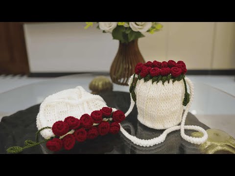 Crochet Rose🌹 Drawstring Bouquet Bag for Beginners 
