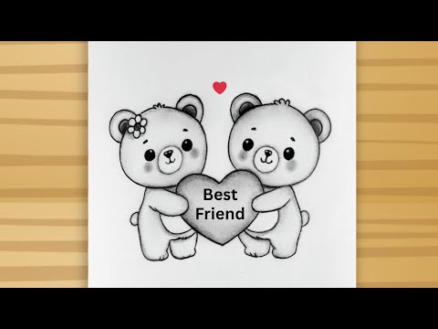 Best friends drawing - BFF drawing for beginners step by step / Cute Teddy bear drawing easy / Art