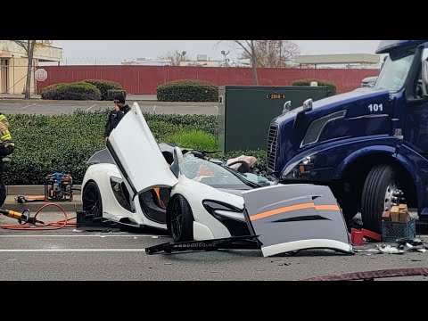 McLaren 675LT crashed into parked semi at Cars and Coffee | Supercar crash coverage