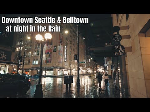 Seattle Rain at Night, Downtown Walk Binaural Audio 4k