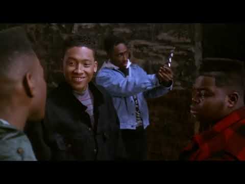 Official trailer frame from Juice (1992) with Bishop, Q, Raheem, and Steel walking through Harlem