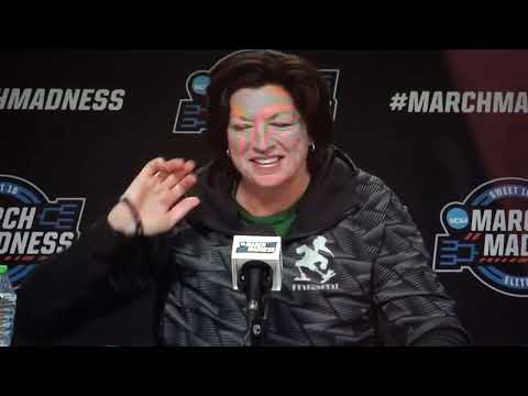 Head Coach Katie Meier talks with media at sweet sixteen