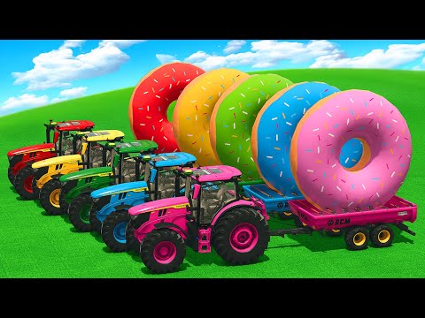 LOAD AND TRANSPORT GIANT DONUTS & MILK WITH JOHN DEERE TRACTORS - Farming Simulator 25