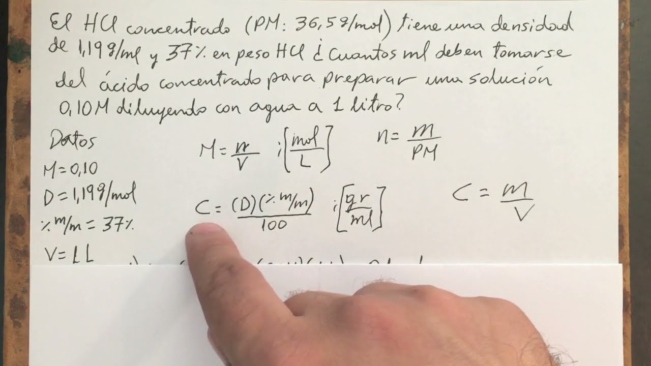 Cuantos ml HCl densidad 1,19/ml y porcentaje en peso 37% para preparar solucion HCl 0,1M y 1 L