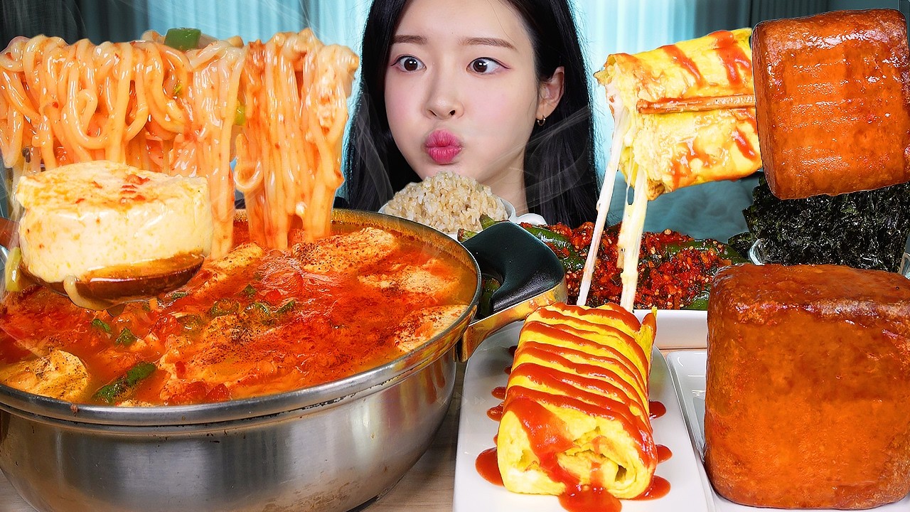 ASMR MUKBANG | 집밥 꿀조합 ❤️ 뜨끈칼칼 쫄순이! 순두부쫄면에 통스팸과 치즈계란말이 아삭시원 고추김치?