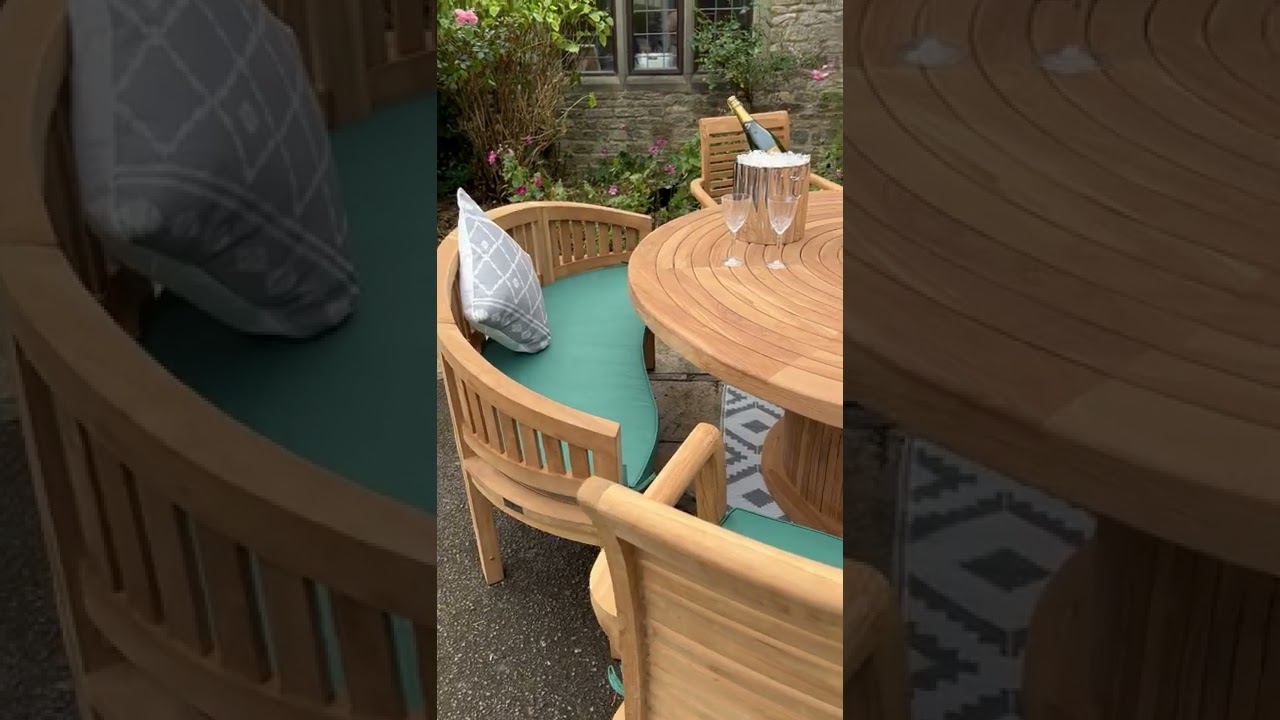 Watch video teak garden furniture round #teaktable chairs #teakbench combo with cushions @gardensuk2252 Now teak garden furniture round #teaktable chairs #teakbench combo with cushions @gardensuk2252