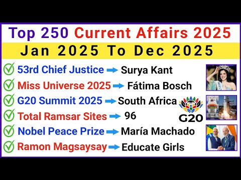 Last 12 Months Current Affairs 2025 | Top 250 Most Important Current Affairs 2025 | Jan To Dec 2025