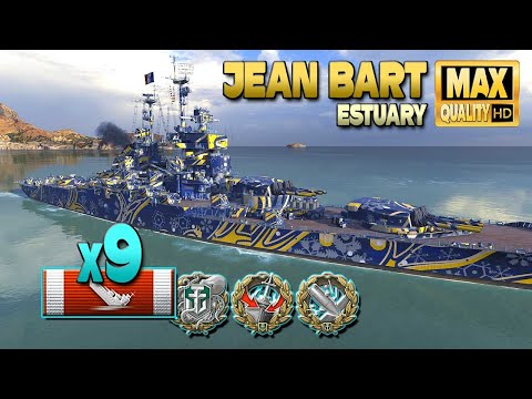 Battleship Jean Bart on map Estuary, 9 ships destroyed - World of Warships