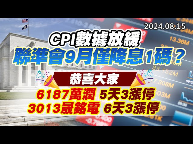 20240815《股市最錢線》#高閔漳 “CPI數據放緩，聯準會9月僅降息1碼？？”“恭喜大家，6187萬潤5天3漲停；3013晟銘電6天3漲停”