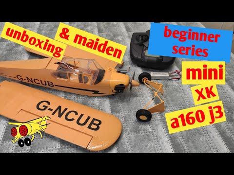 Beginner RTF mini XK a160 Maiden crash and unboxing J3 piper Cub flight Gyro stabilisation RC plane