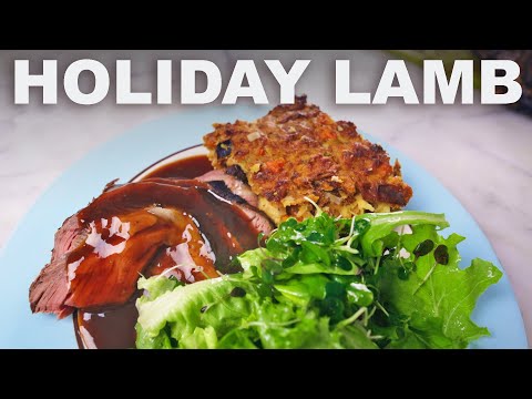 Leg of lamb with challah stuffing and orange sauce