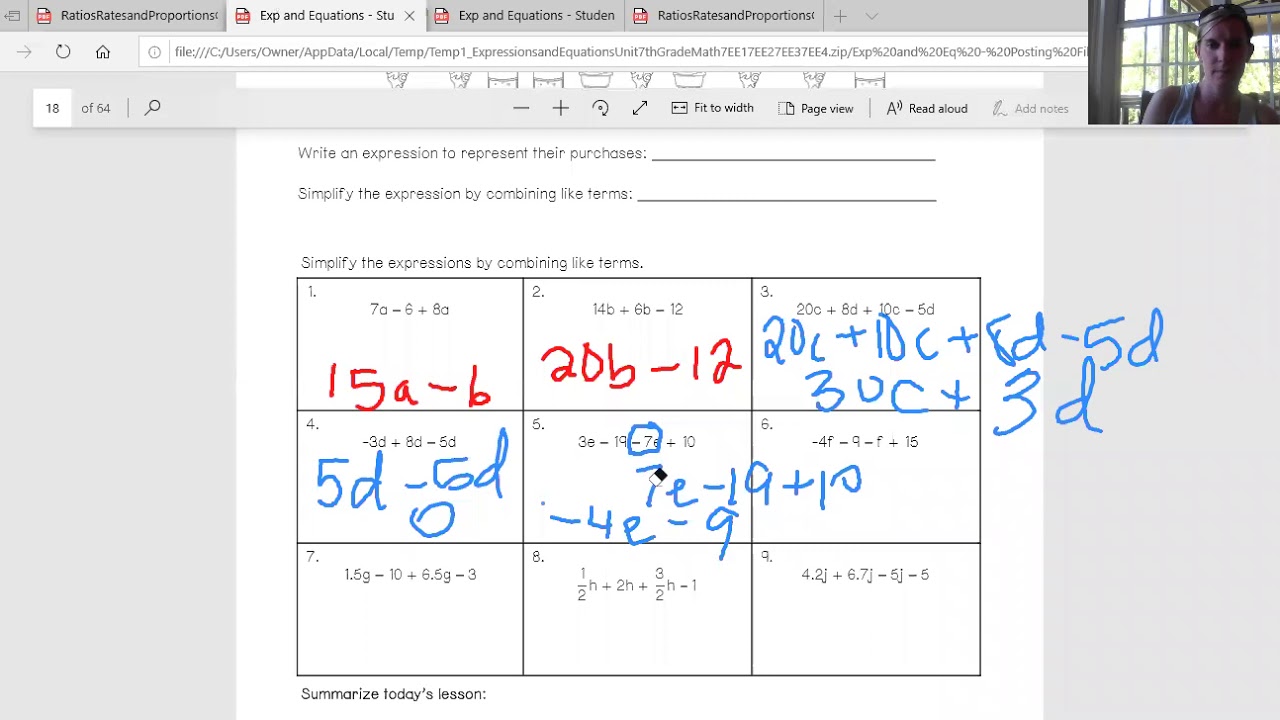 simplifying expressions worksheet 1 answers