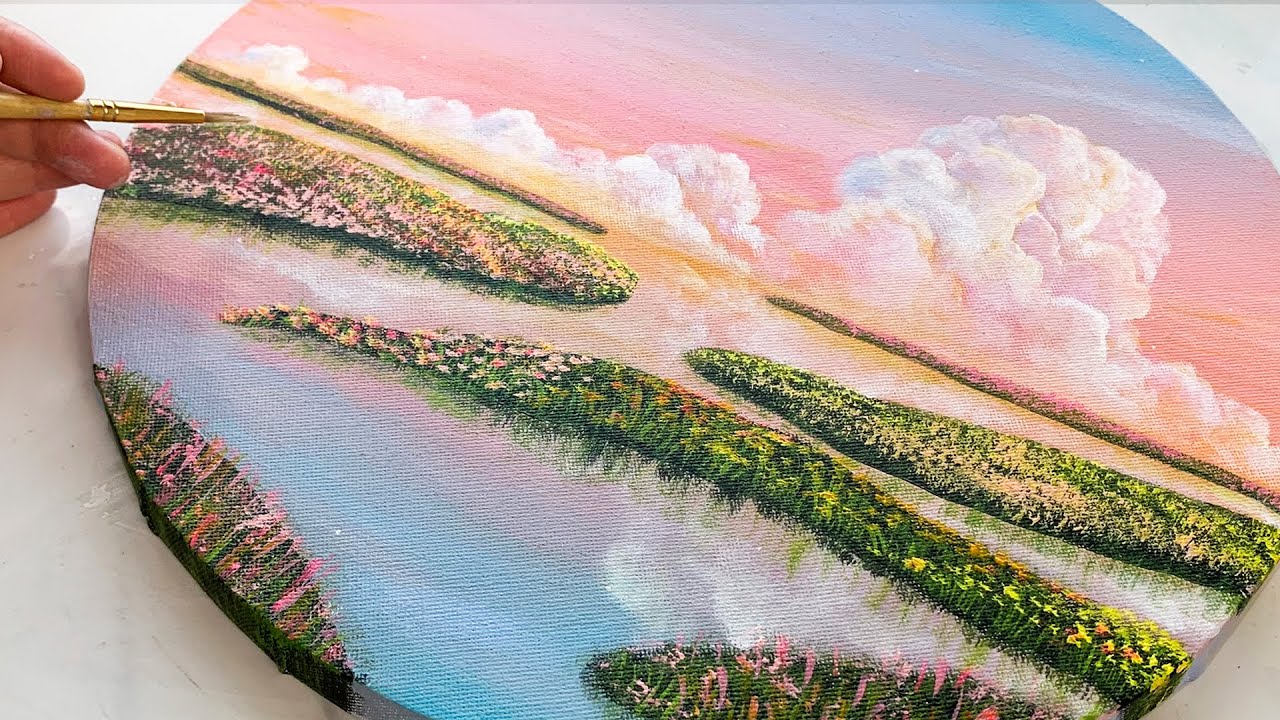 Dreamy Landscape Painting with Fluffy Clouds / Acrylic Pastel Painting Tutorial