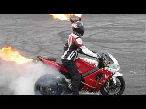 Brilliant Motorbike fire stunt with Zoltan FIA European Drag Racing Championships Santapod 2012