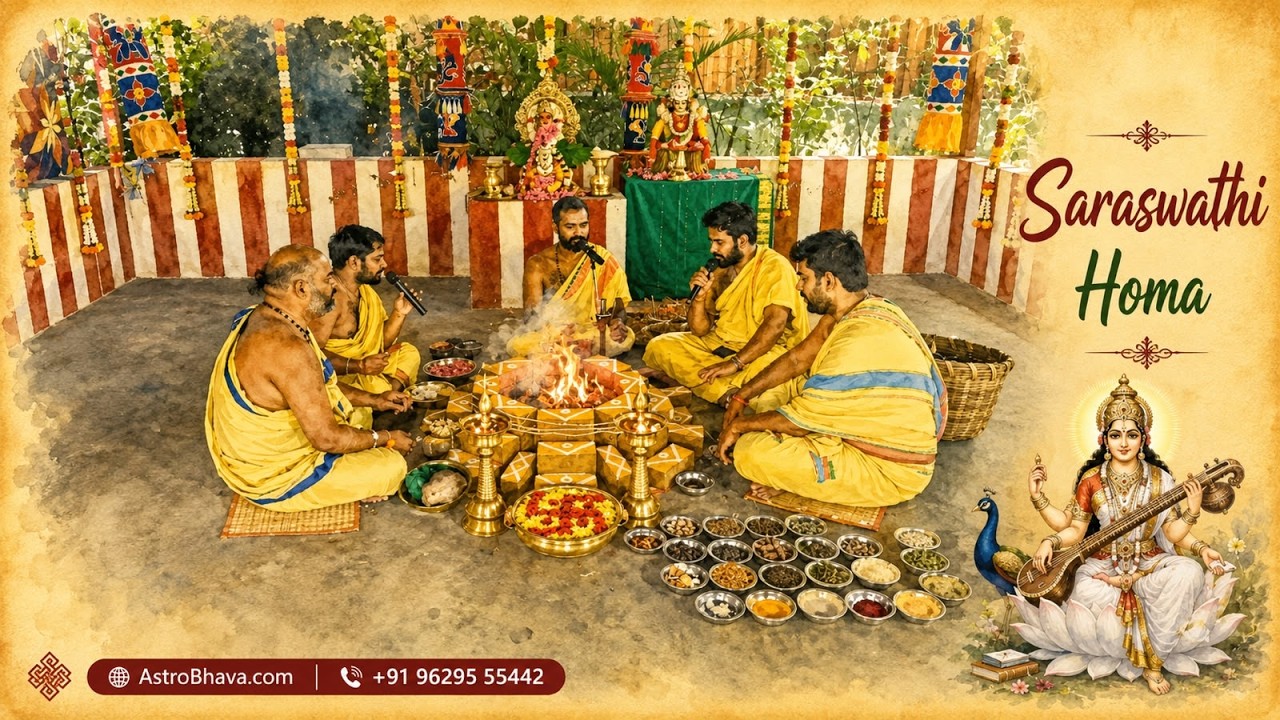 Priests performing the Saraswathi Homa live at AstroBhava's Yagna Ashram