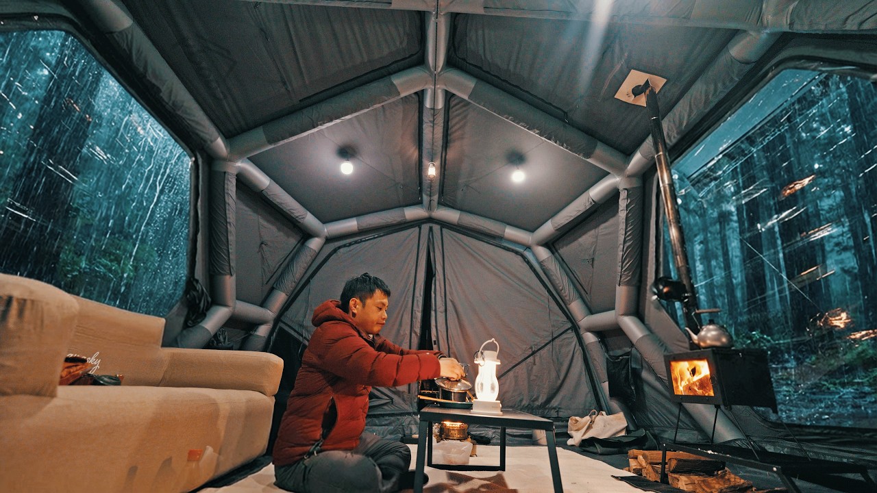 Brutal! Heavy rain and wind. Car camping. Luxury air tent.