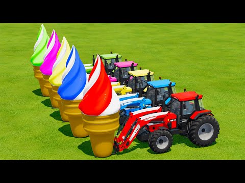 TRANSPORTING GIANT ICE CREAM WITH JOHN DERRE & CASE TRACTORS - Farming Simulator 22