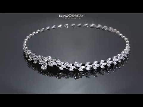 Tennis Collar Necklace Marquise Cut Drop Teardrop CZ Silver Tone