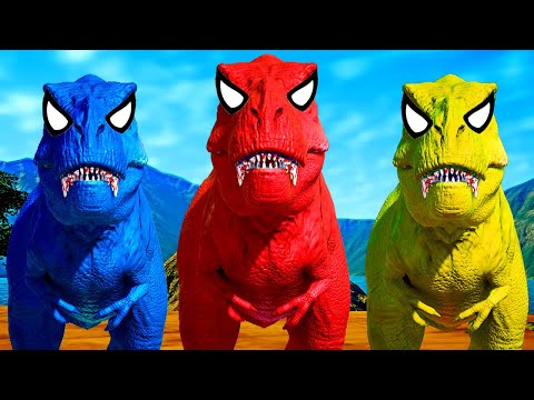 3 Head Widged Spiderman I-Rex Vs Color Tyrannosaurus Rex Jurassic World Evolution Dino Fight !