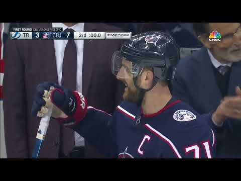 After their first series win, the Blue jackets and Tampa Bay Lightning shake hands