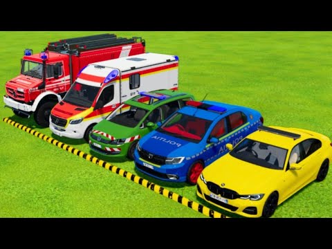TRANSPORT  ALL CARS WITH TRUCK | FORD POLICE CARS and MERCEDES AMBULANCE ! FARMING SIMULATOR 22