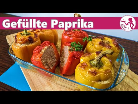Gefüllte Paprika mit Hackfleisch und Reis im Ofen | Backofen Paprika einfaches Rezept