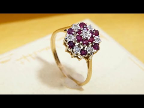 Vintage Ruby & Diamond Cluster Ring in 9ct Gold | Hallmarked 1983 Retro Floral Halo
