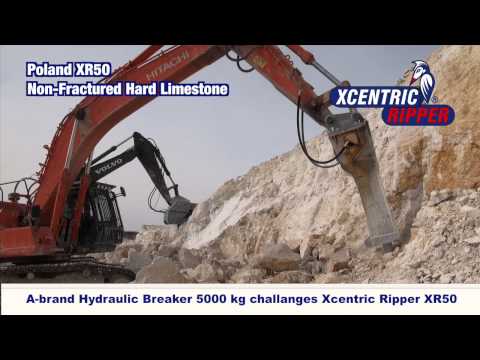 A-Brand Hydraulic Breaker 5000kg challenges Xcentric Ripper XR50. Non-fractured hard limestone