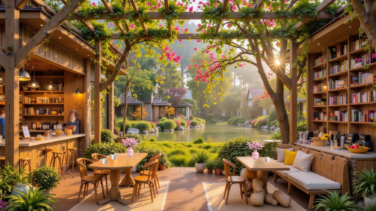 Relaxing Piano Music at Cozy Garden Café | Peaceful Lake View Ambience for Study, Focus & Relaxation