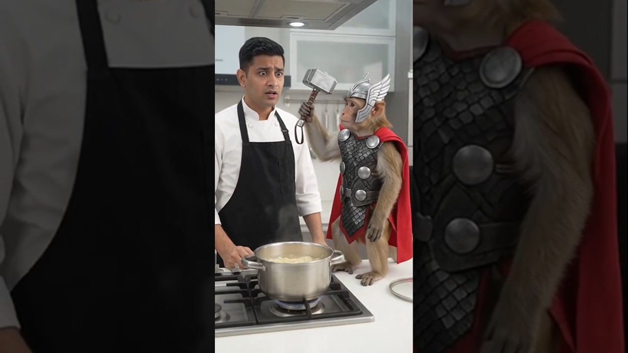 magical God of thunder  finaly back #ai cooking#shorts #avengers #funny monkey# cartoon#kids#maggi