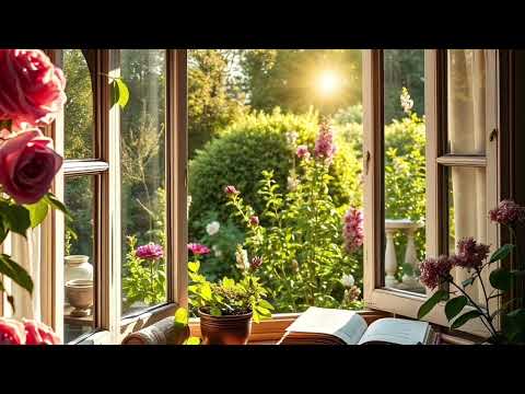 Sunny morning window spring garden view ambience. Birdsong. Cozy reading nook ambience.