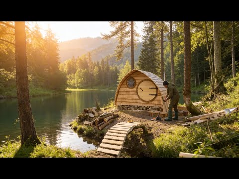 Building a Tiny Wooden Hideout Near the River in the Forest
