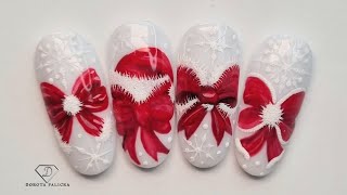 Christmas bow nail art tutorial. Red and white Xmas nail design 