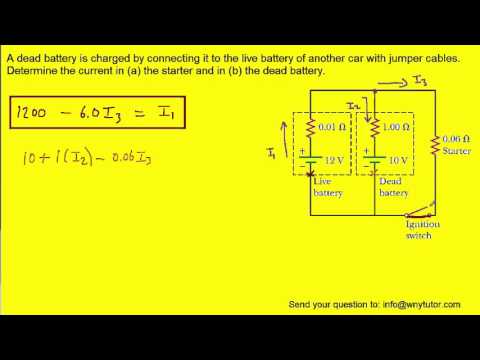 A dead battery is charged by connecting it to the live battery of another car with jumper cables. De