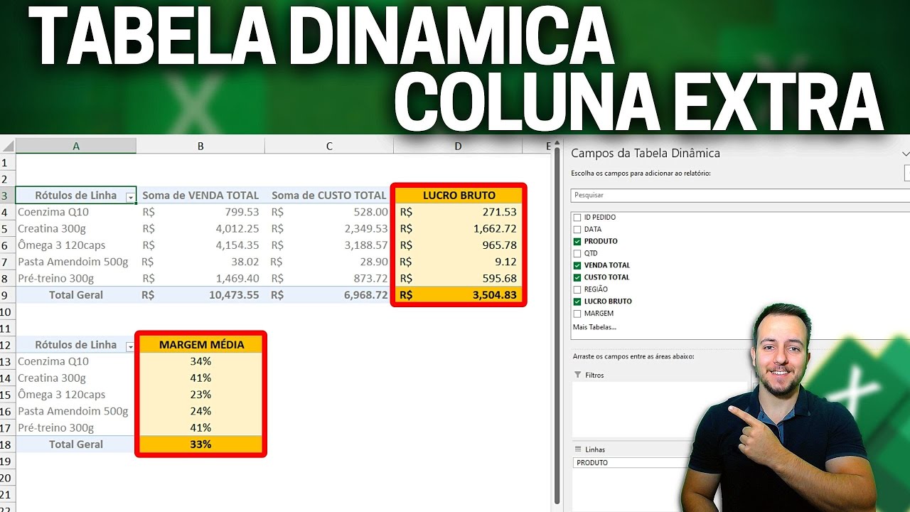 Como Fazer Tabela Dinamica Customizada no Excel | Subtração Entre Colunas, Soma, Multipli...